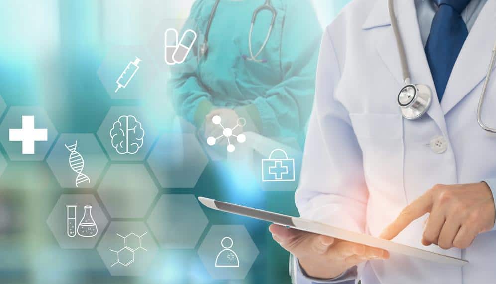 A Doctor is Using a Tablet With Medical Icons on It