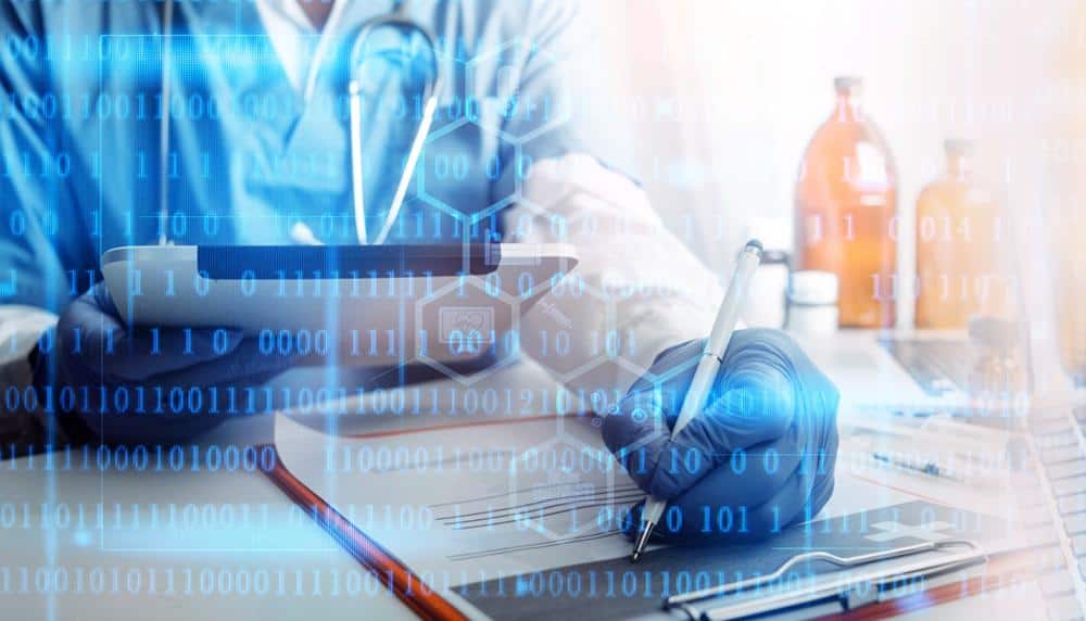 a doctor is writing on a clipboard with a pen