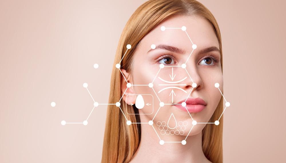 a woman with a diagram of her skin health