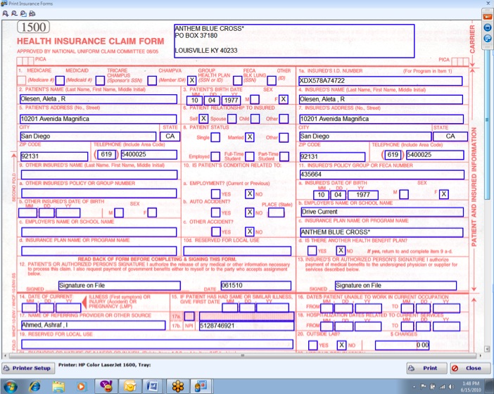 HCFA Printed Claim Submission